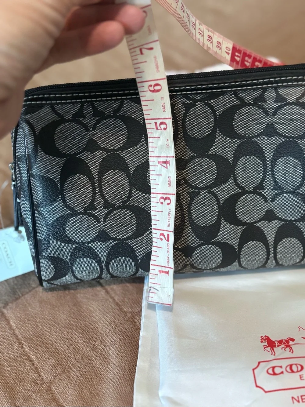 Coach Gray/Black Signature Cosmetic Pouch with Magenta Interior. New with Tags